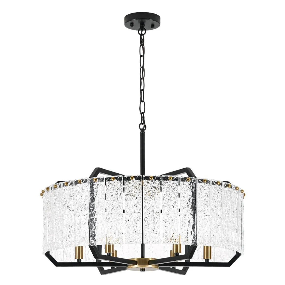 Black Brass 6-Light Rippled Glass Drum Cage Chandelier