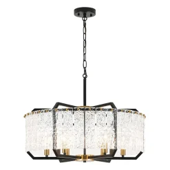 Black Brass 6-Light Rippled Glass Drum Cage Chandelier