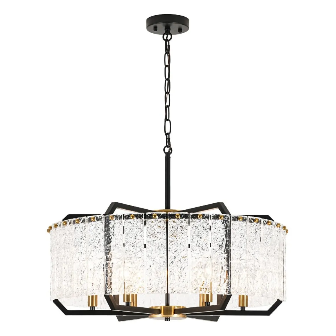 Black Brass 6-Light Rippled Glass Drum Cage Chandelier