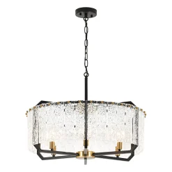 Black Brass 6-Light Rippled Glass Drum Cage Chandelier