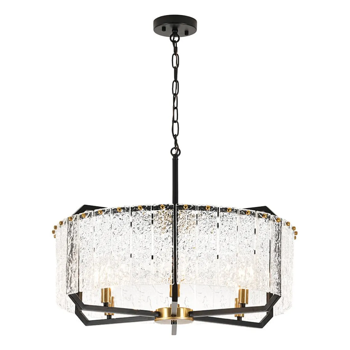 Black Brass 6-Light Rippled Glass Drum Cage Chandelier