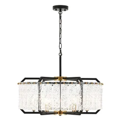 Black Brass 6-Light Rippled Glass Drum Cage Chandelier