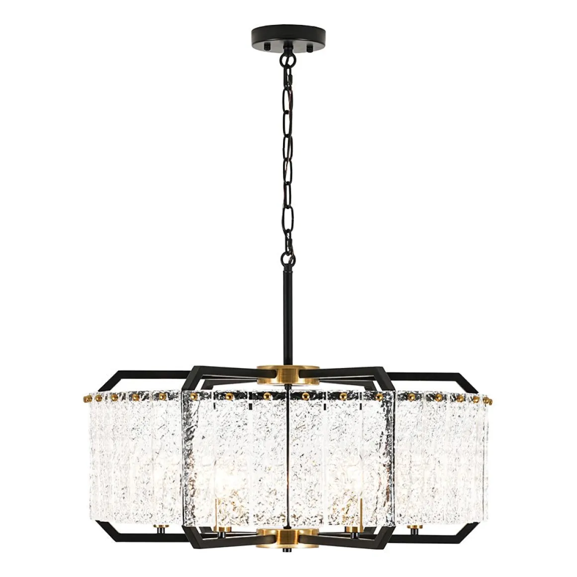 Black Brass 6-Light Rippled Glass Drum Cage Chandelier