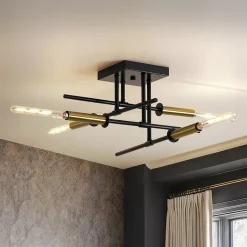 Black Brass 4-Light Sputnik Linear Semi Flush Mount