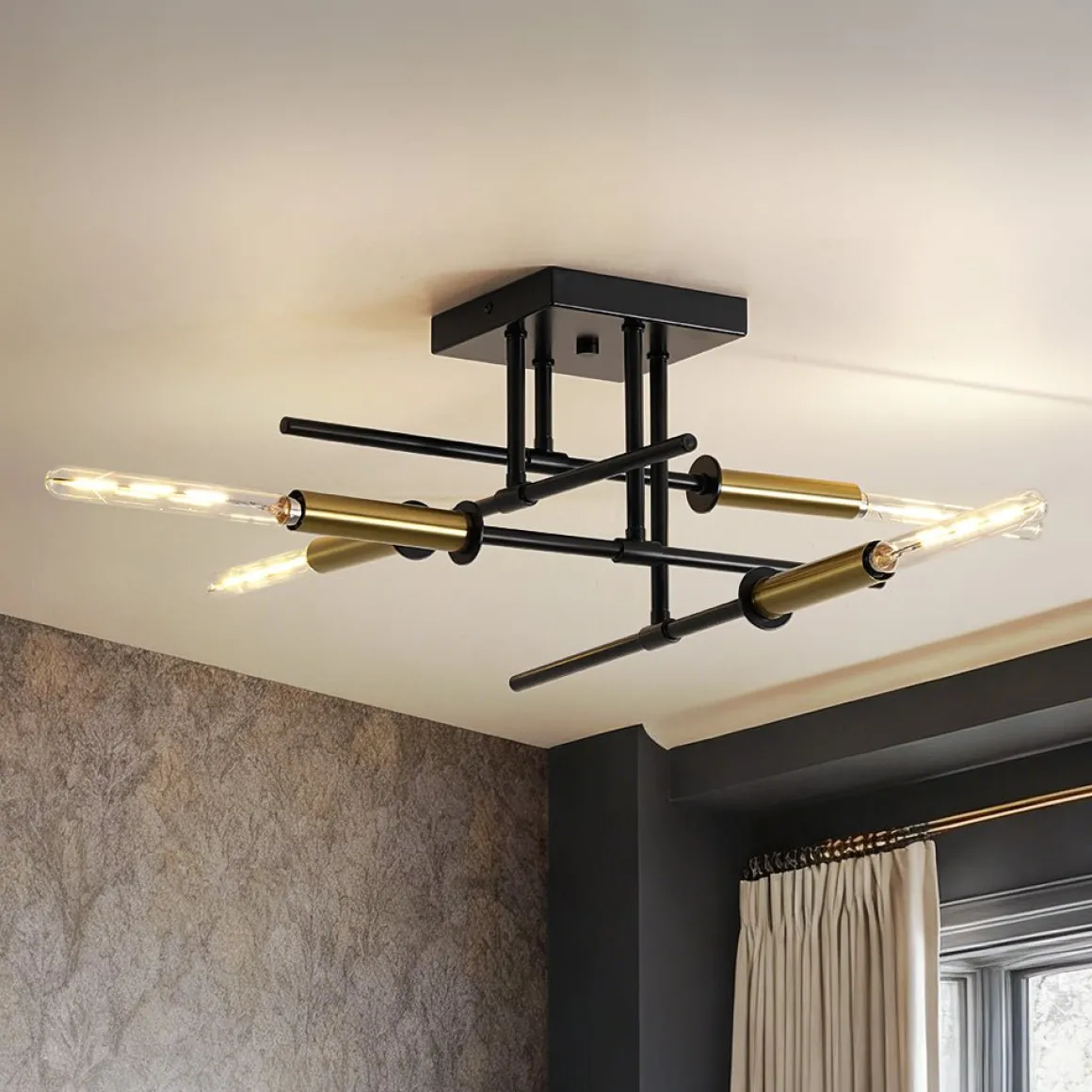 Black Brass 4-Light Sputnik Linear Semi Flush Mount