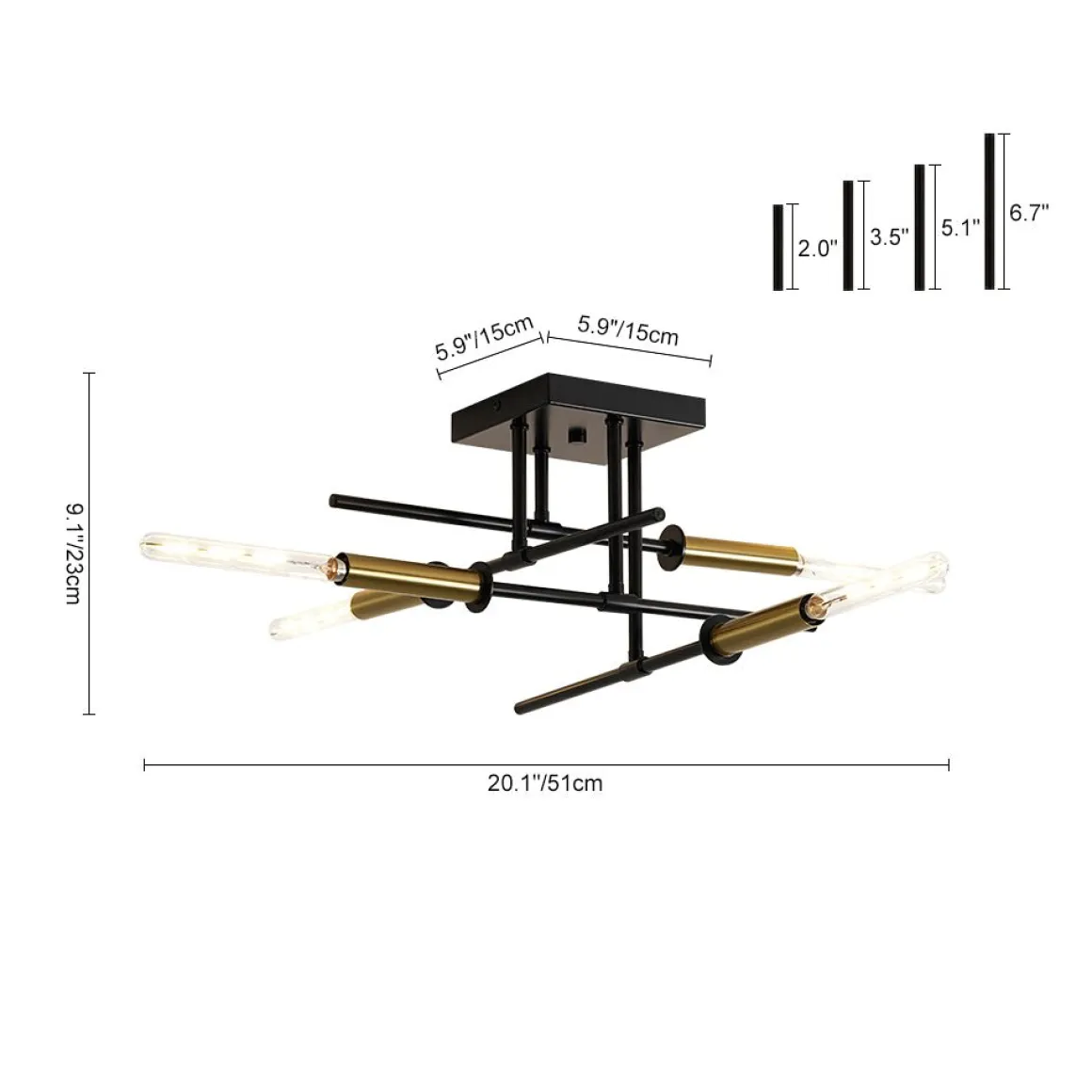 Black Brass 4-Light Sputnik Linear Semi Flush Mount