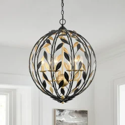 Black Gold Candle Style Leaf Vine Iron Orb Chandelier