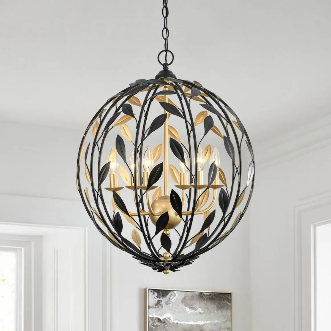 Black Gold Candle Style Leaf Vine Iron Orb Chandelier