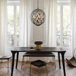 Black Gold Candle Style Leaf Vine Iron Orb Chandelier