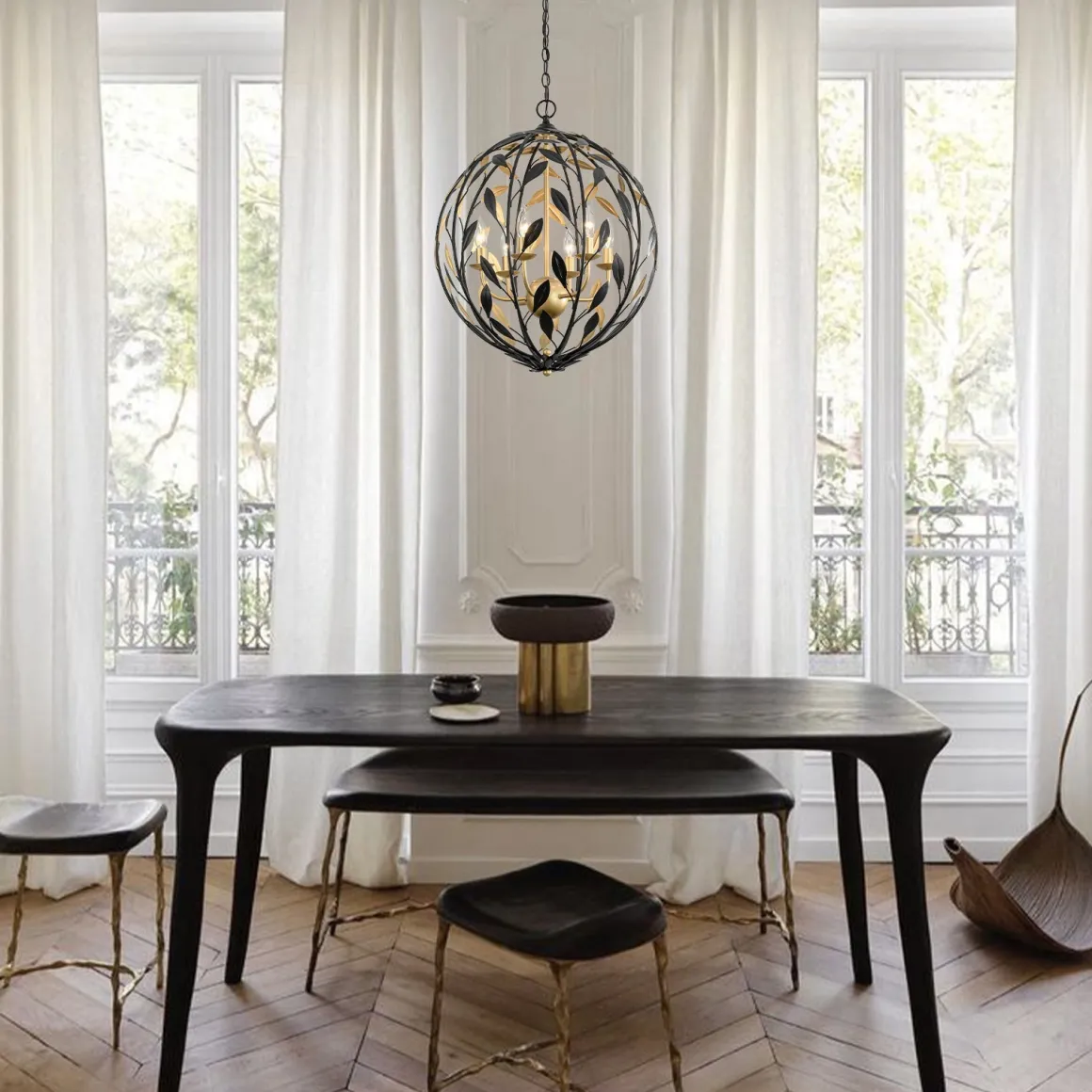 Black Gold Candle Style Leaf Vine Iron Orb Chandelier