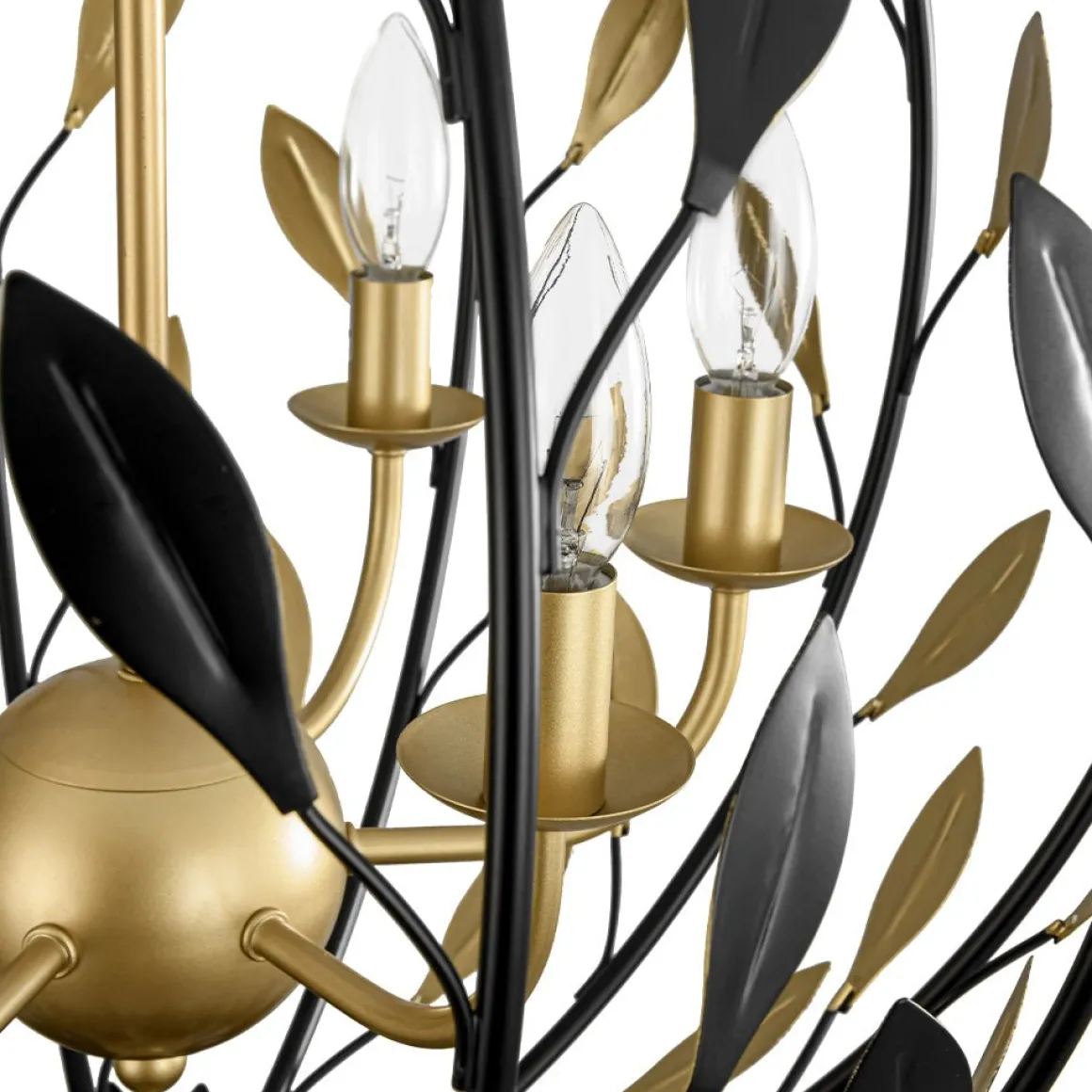 Black Gold Candle Style Leaf Vine Iron Orb Chandelier