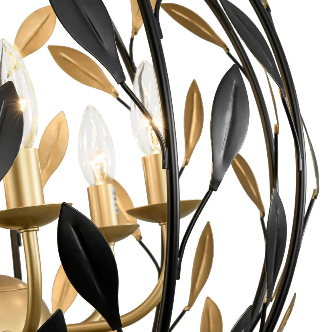 Black Gold Candle Style Leaf Vine Iron Orb Chandelier