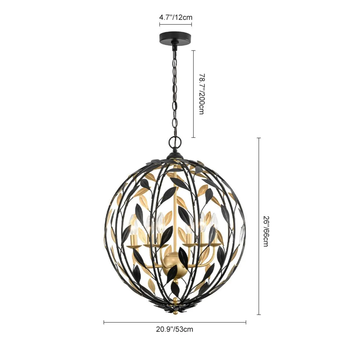 Black Gold Candle Style Leaf Vine Iron Orb Chandelier