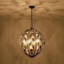 Black Gold Candle Style Leaf Vine Iron Orb Chandelier