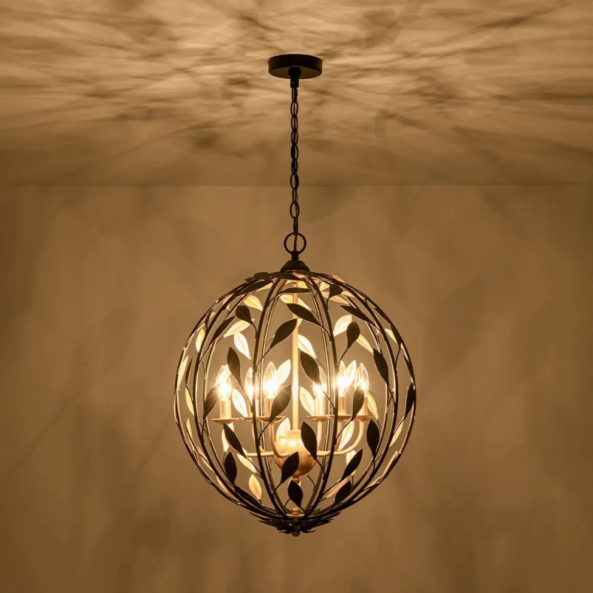 Black Gold Candle Style Leaf Vine Iron Orb Chandelier