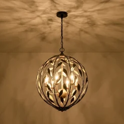 Black Gold Candle Style Leaf Vine Iron Orb Chandelier