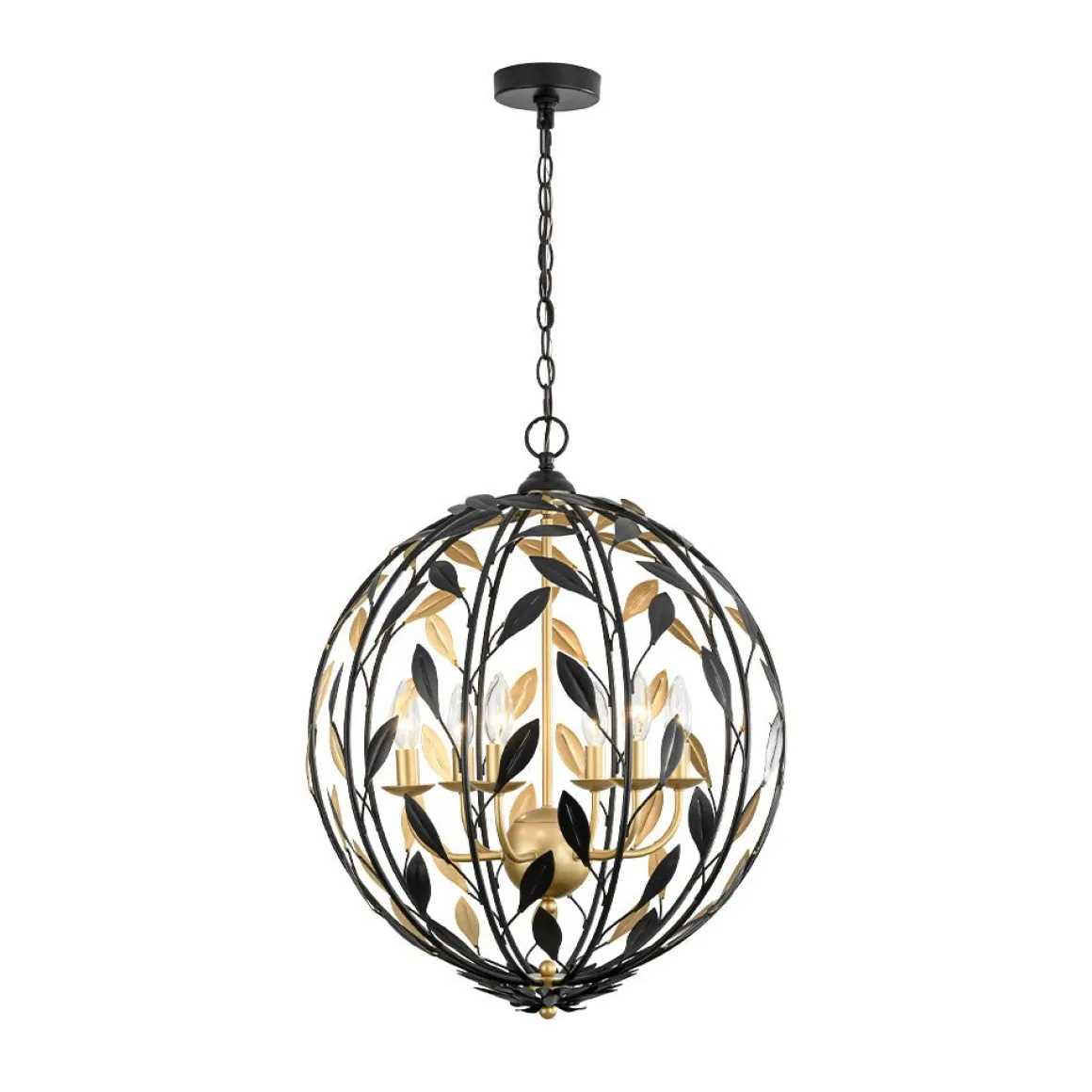 Black Gold Candle Style Leaf Vine Iron Orb Chandelier