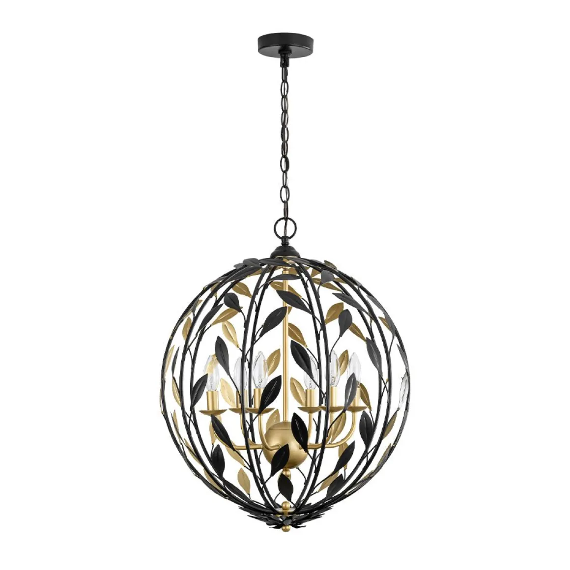 Black Gold Candle Style Leaf Vine Iron Orb Chandelier