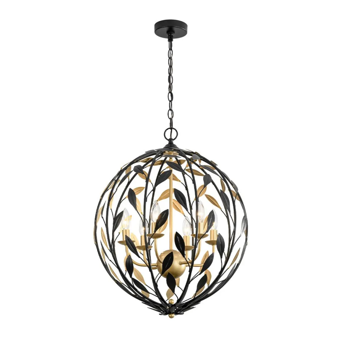 Black Gold Candle Style Leaf Vine Iron Orb Chandelier
