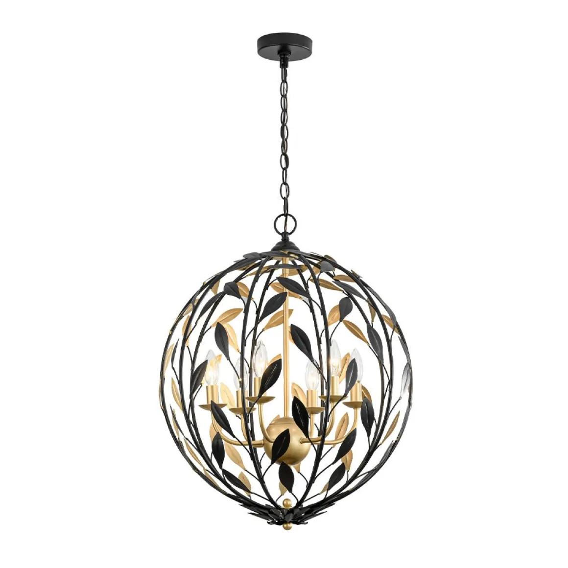 Black Gold Candle Style Leaf Vine Iron Orb Chandelier