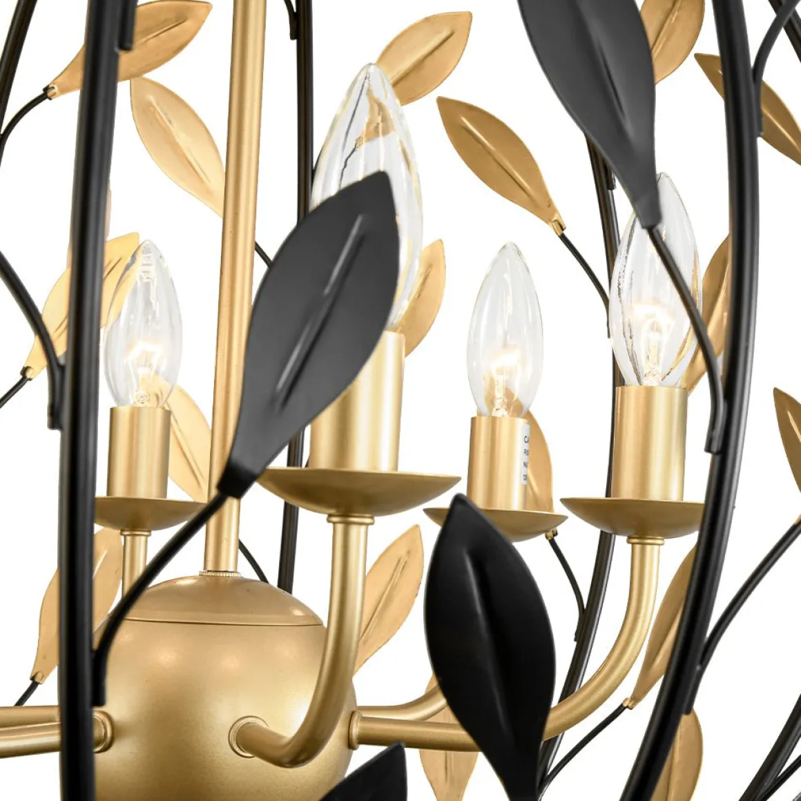 Black Gold Candle Style Leaf Vine Iron Orb Chandelier