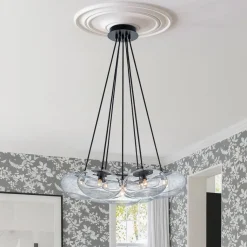 Black 7-Light Cluster Clear Glass Oval Globe Chandelier