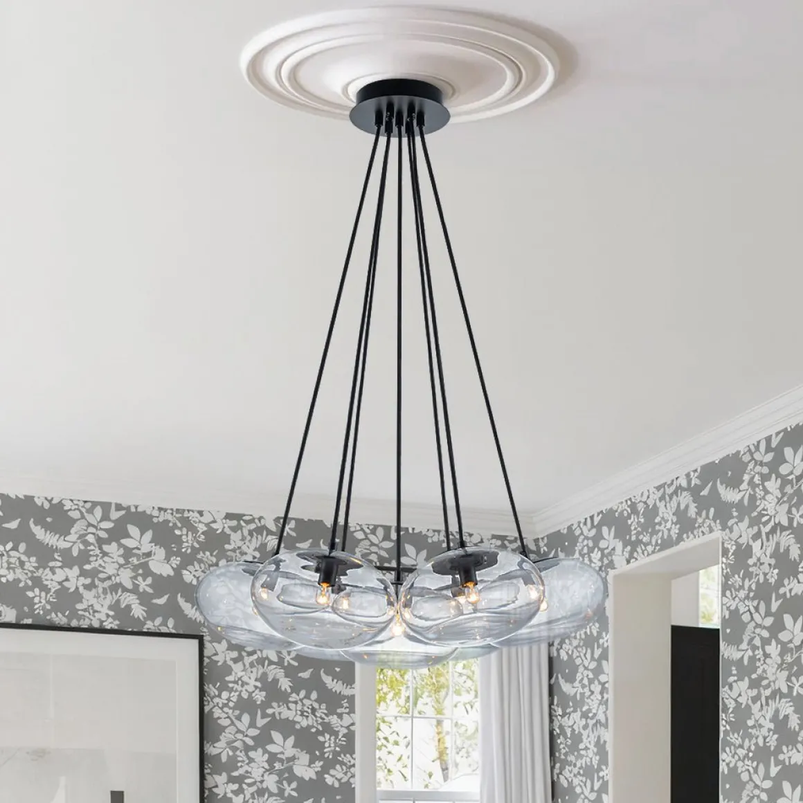 Black 7-Light Cluster Clear Glass Oval Globe Chandelier