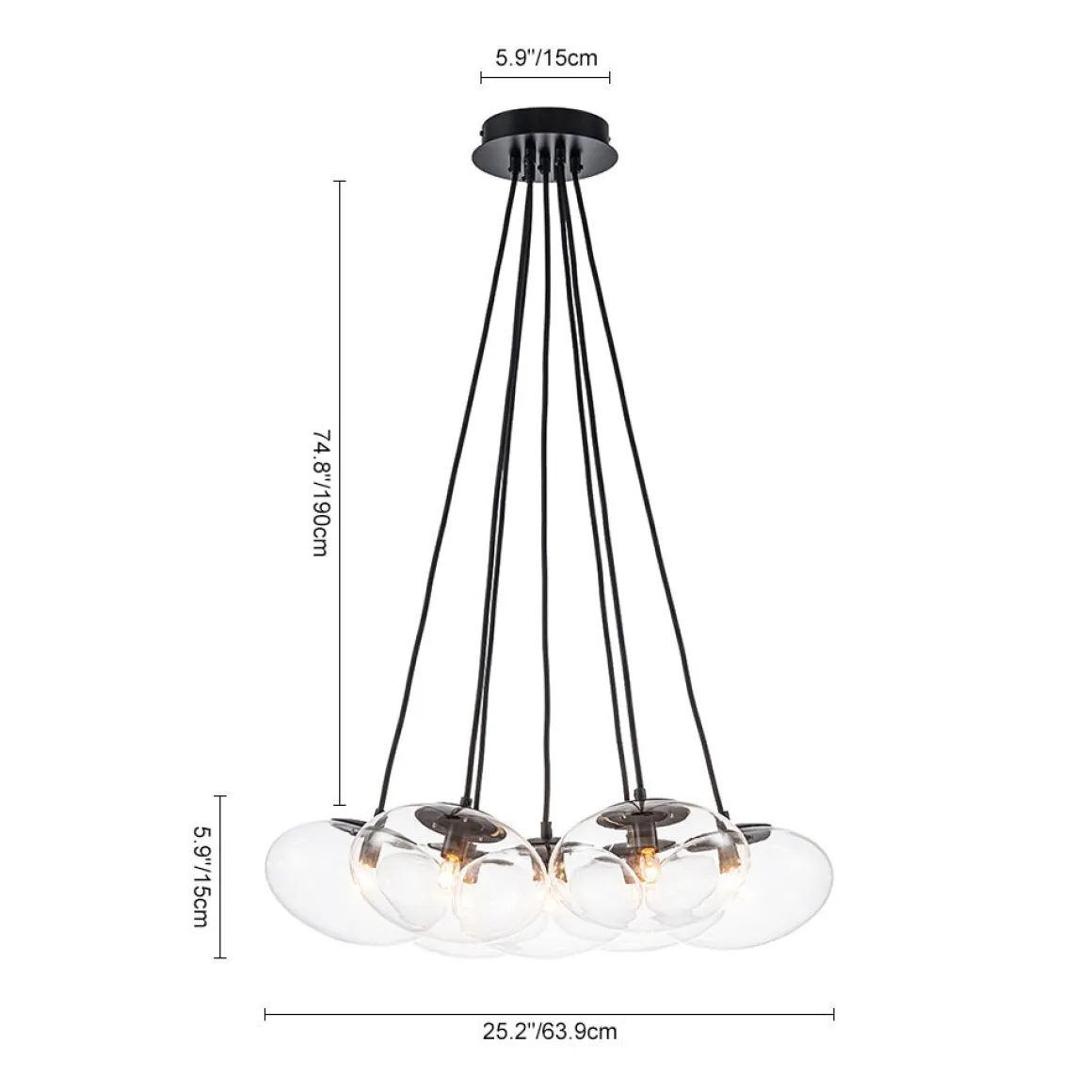 Black 7-Light Cluster Clear Glass Oval Globe Chandelier
