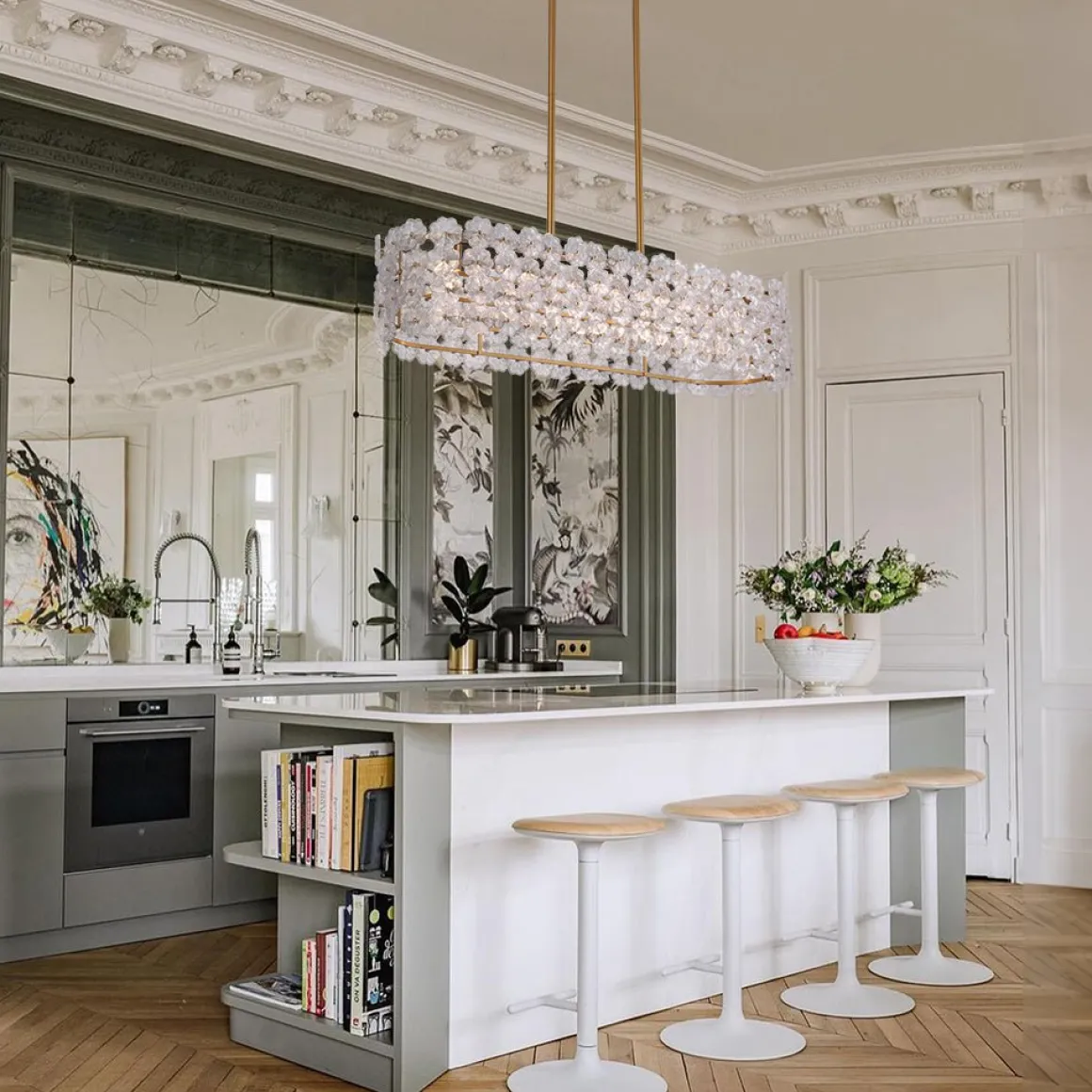 Bloom Art Deco Floral Glass Linear Cage Island Chandelier