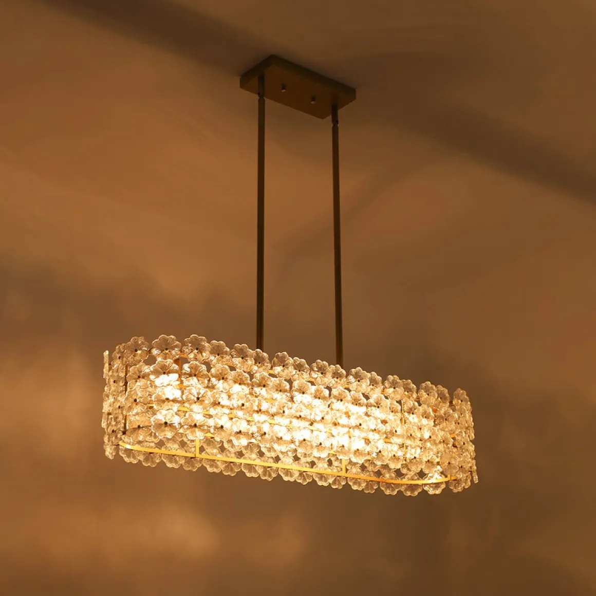 Bloom Art Deco Floral Glass Linear Cage Island Chandelier