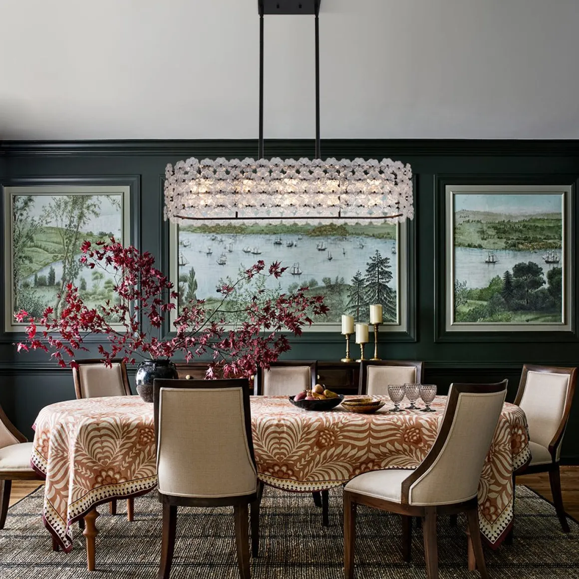 Bloom Art Deco Floral Glass Linear Cage Island Chandelier