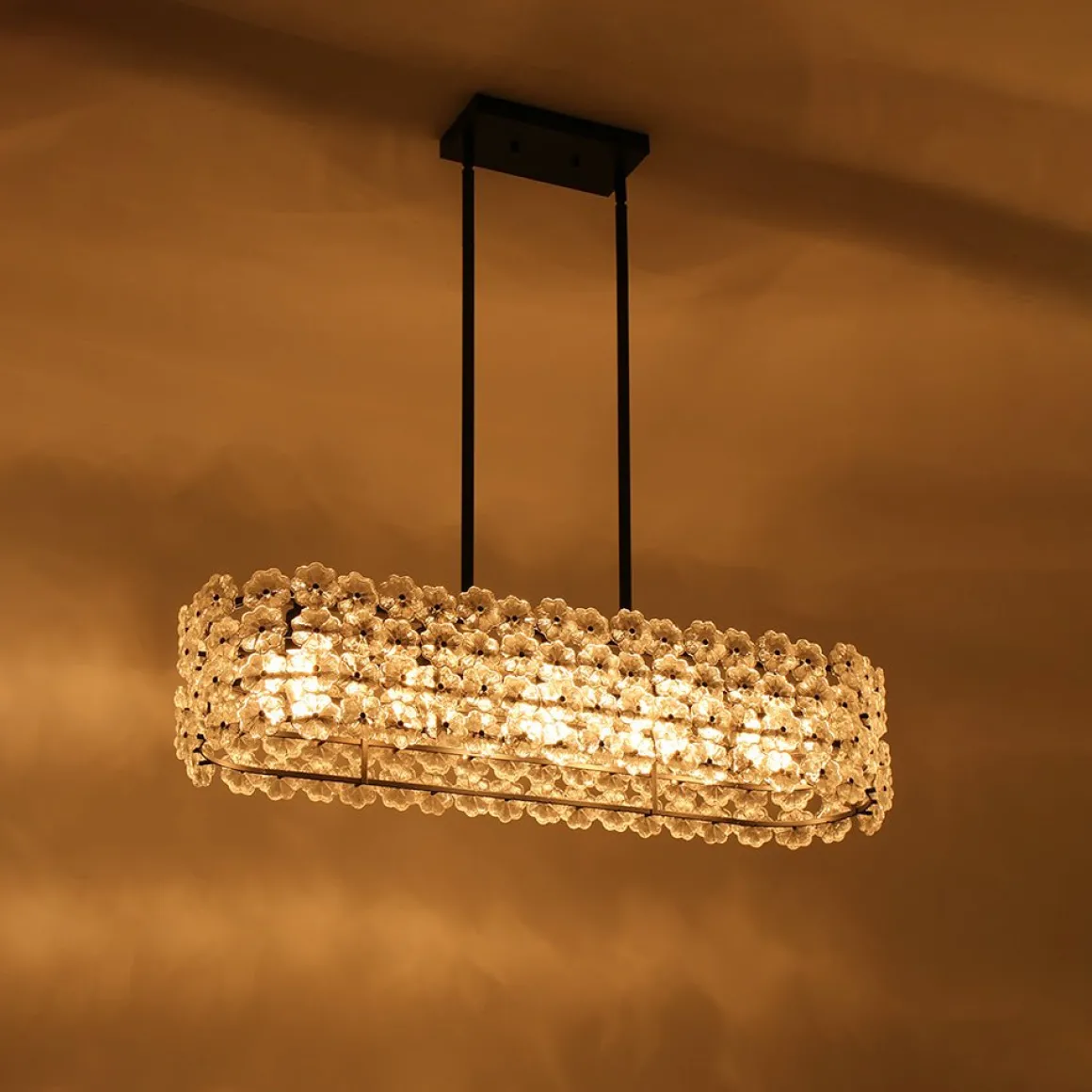 Bloom Art Deco Floral Glass Linear Cage Island Chandelier