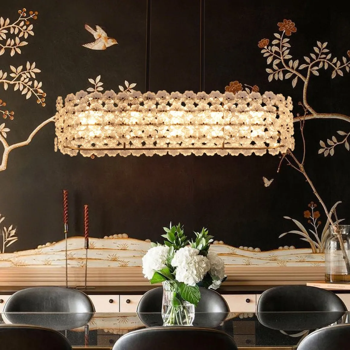 Bloom Art Deco Floral Glass Linear Cage Island Chandelier