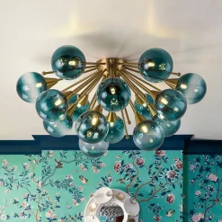 Bloom Blue Glass Bubble Round Sunburst Semi Flush Chandelier