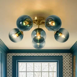 Bloom Brass Blue Glass Bubble Semi Flush Chandelier