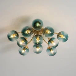 Bloom Brass Blue Glass Bubble Semi Flush Chandelier