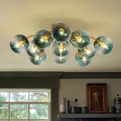 Bloom Brass Blue Glass Bubble Semi Flush Chandelier