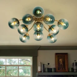 Bloom Brass Blue Glass Bubble Semi Flush Chandelier