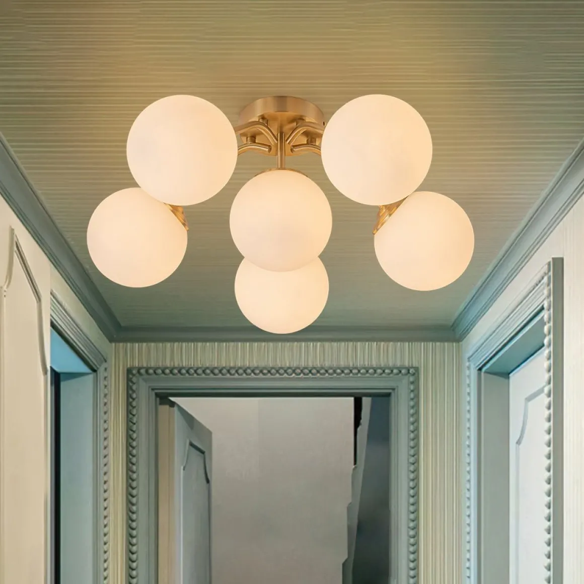 Bloom Brass Frosted Glass Bubble Semi Flush Chandelier