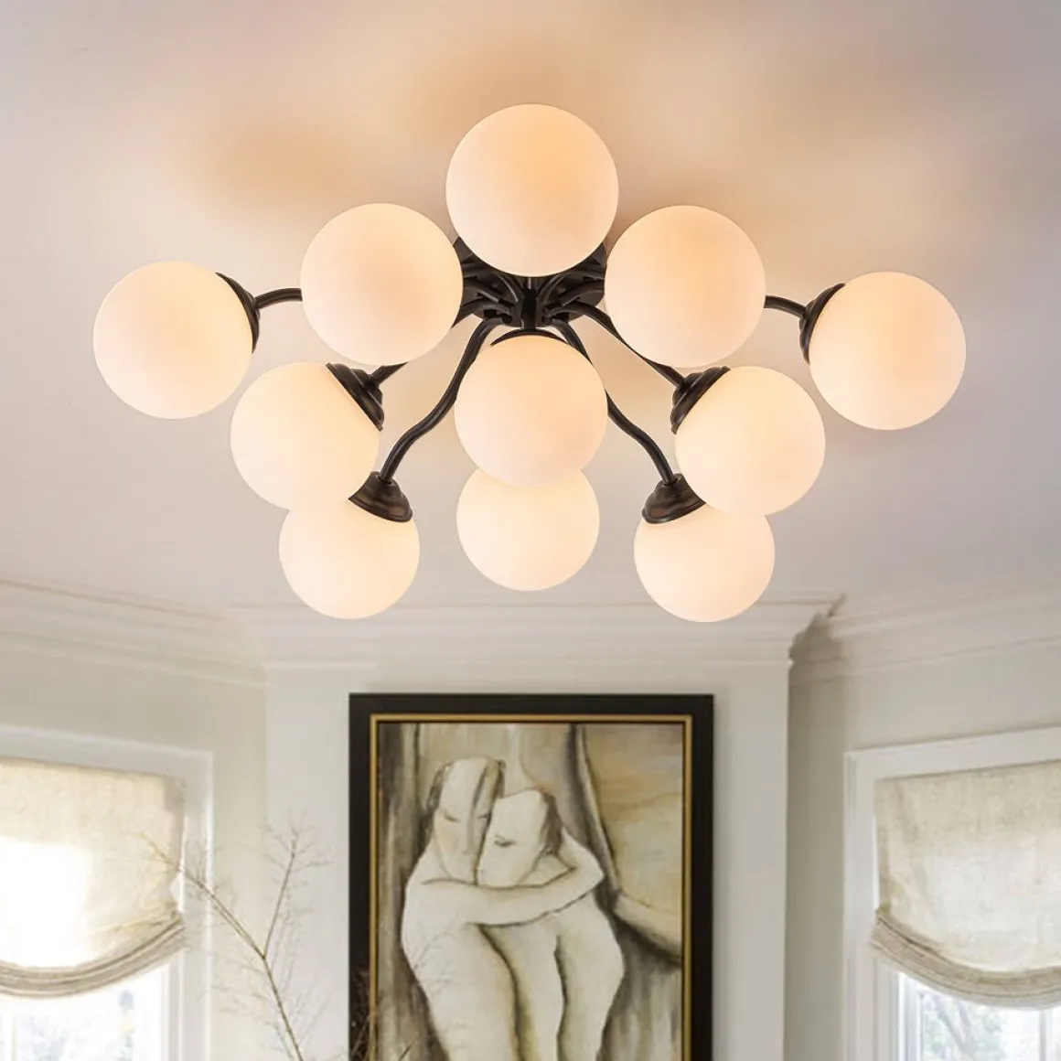Bloom Brass Frosted Glass Bubble Semi Flush Chandelier