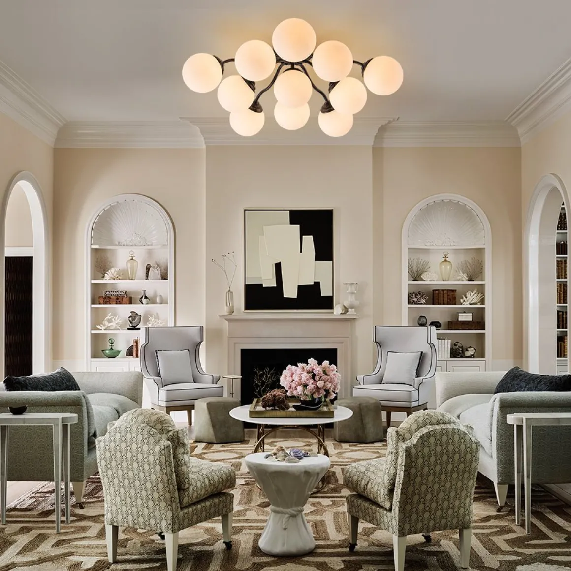Bloom Brass Frosted Glass Bubble Semi Flush Chandelier