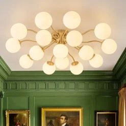 Bloom Brass Frosted Glass Bubble Semi Flush Chandelier
