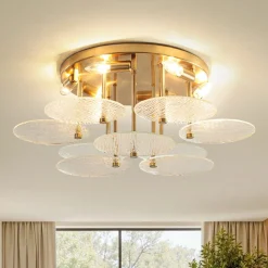 Bloom Brass 6-Light Tiered Rippled Glass Round Semi Flush Mount