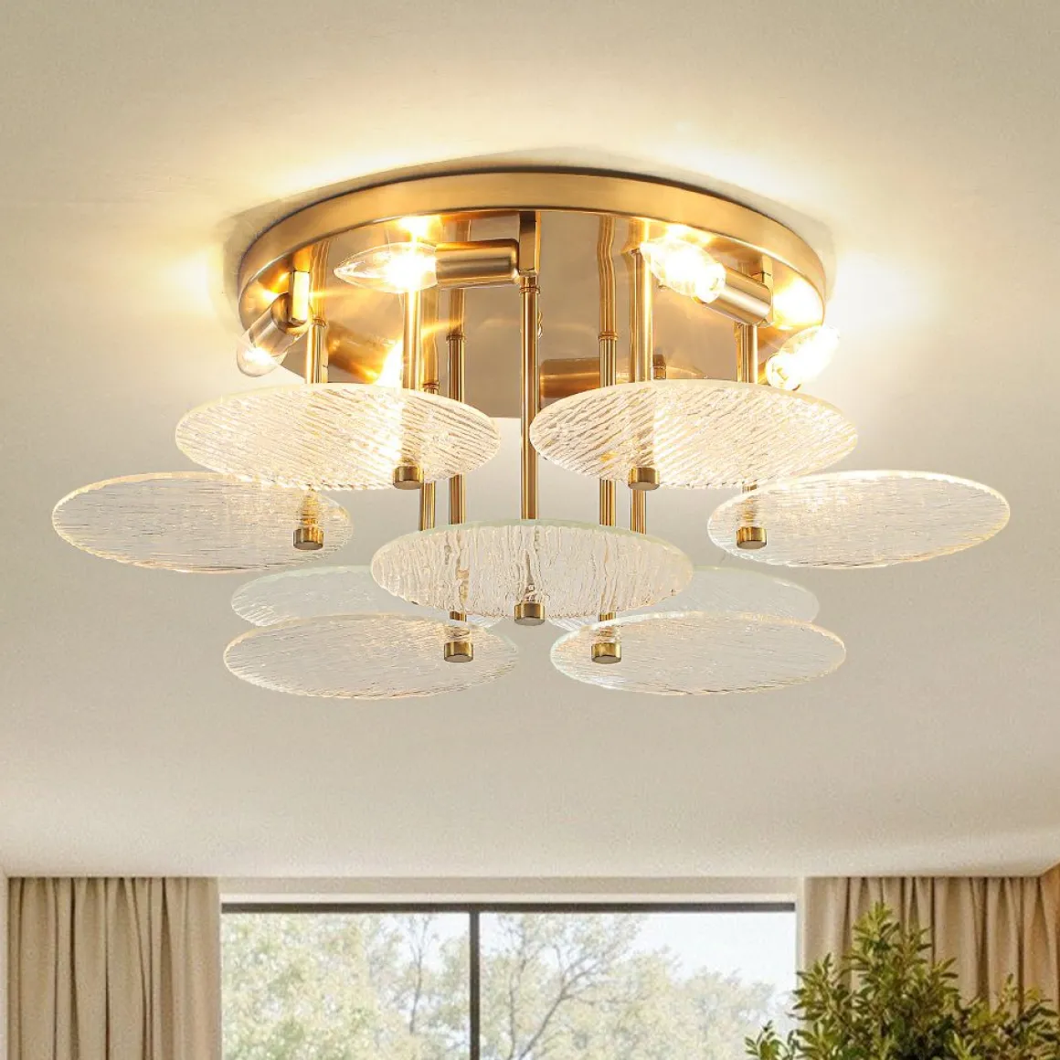 Bloom Brass 6-Light Tiered Rippled Glass Round Semi Flush Mount