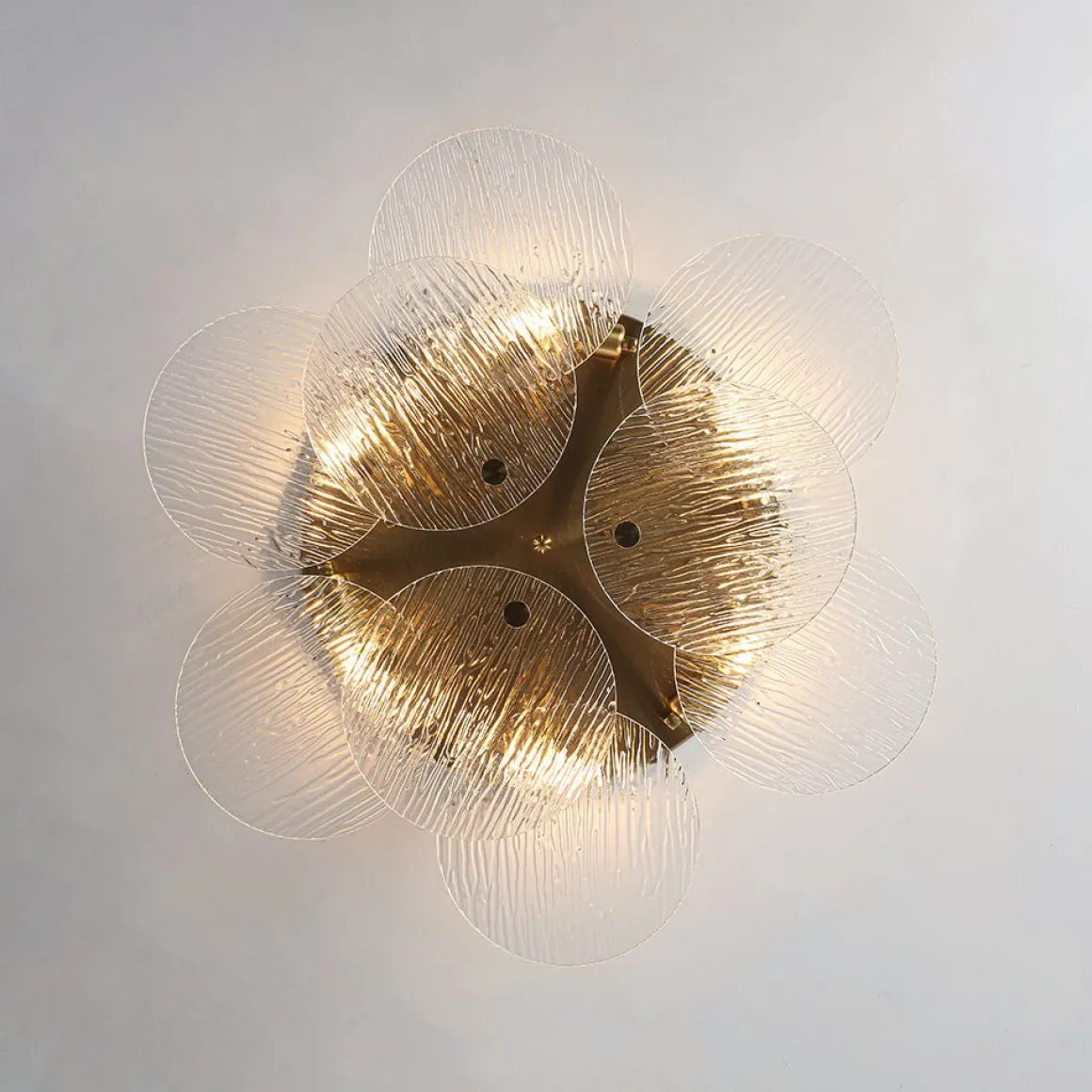Bloom Brass 6-Light Tiered Rippled Glass Round Semi Flush Mount