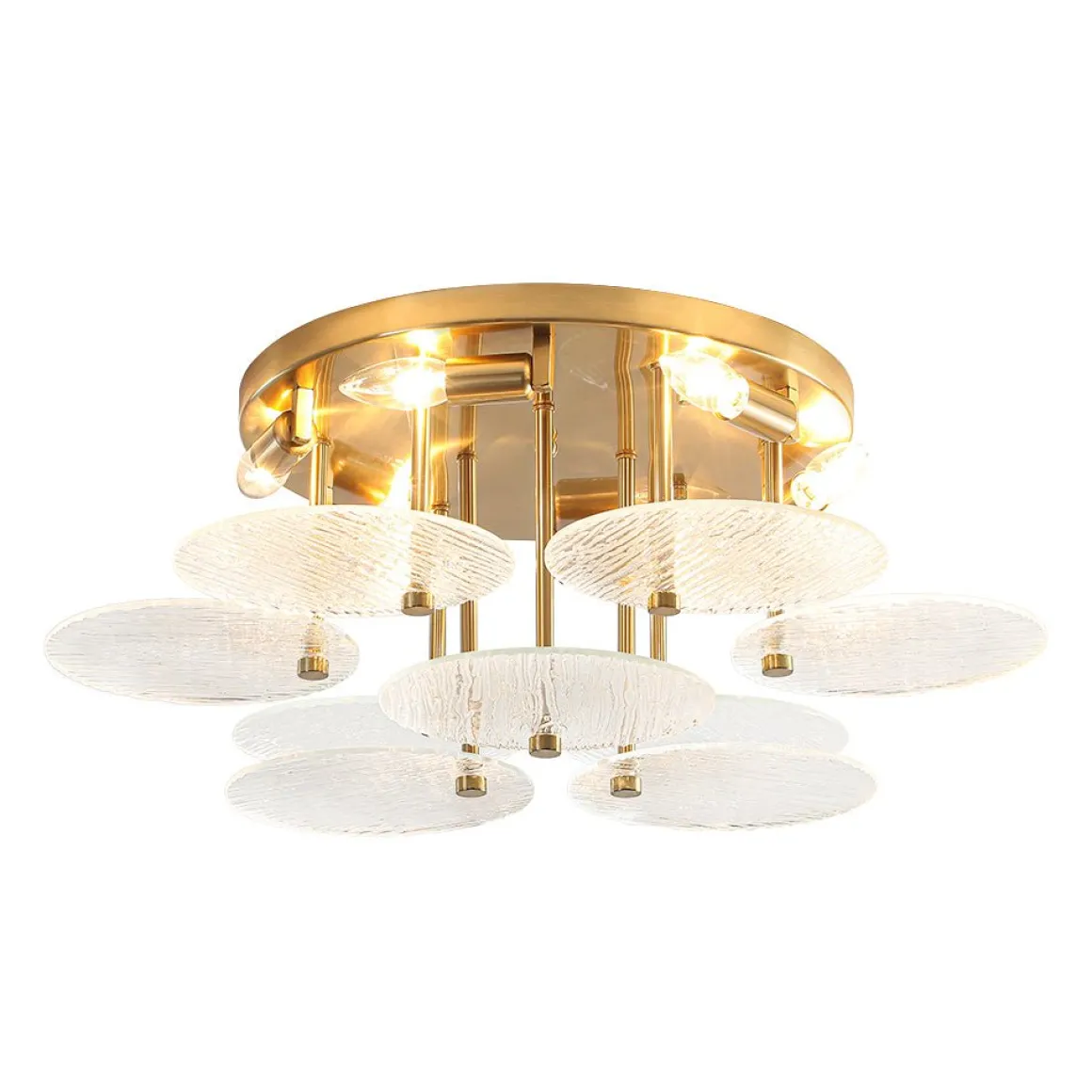 Bloom Brass 6-Light Tiered Rippled Glass Round Semi Flush Mount