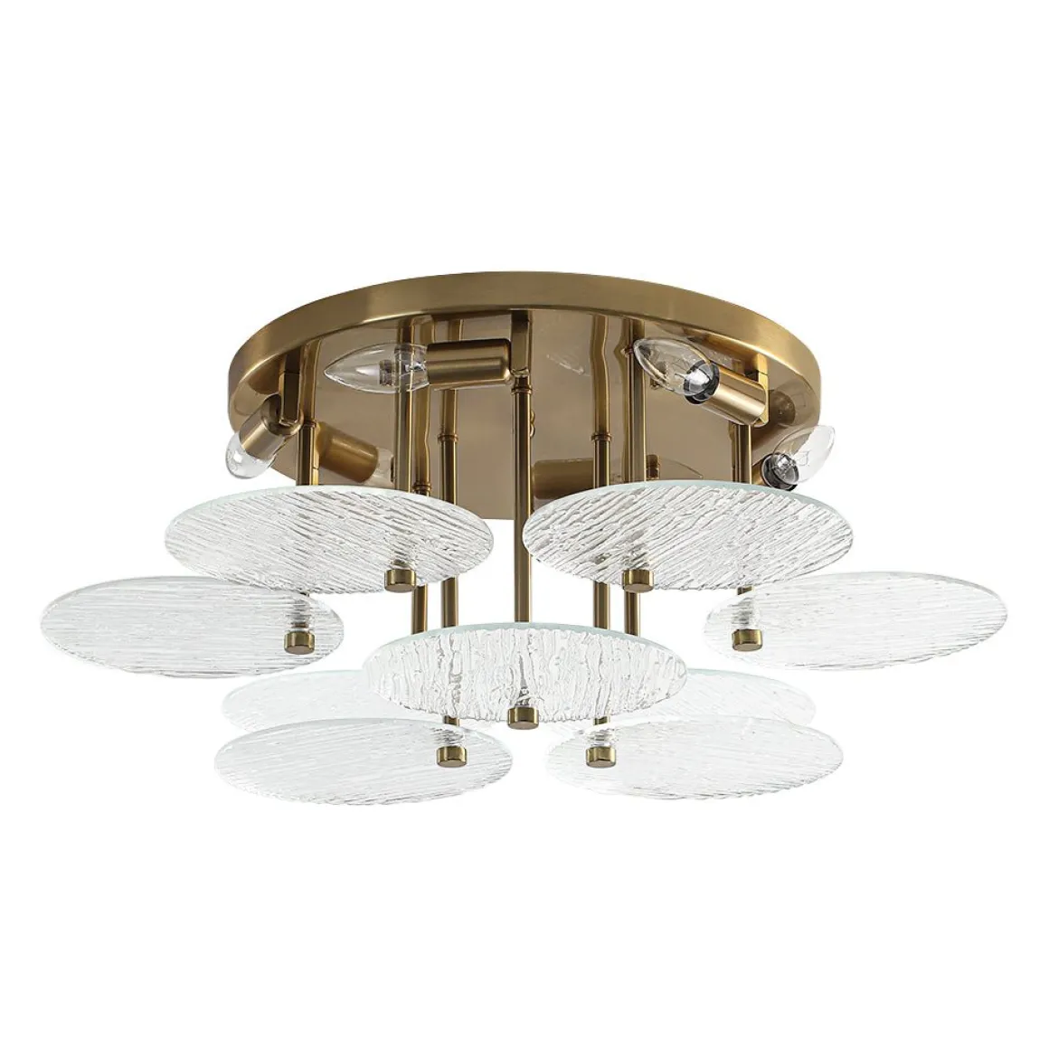 Bloom Brass 6-Light Tiered Rippled Glass Round Semi Flush Mount