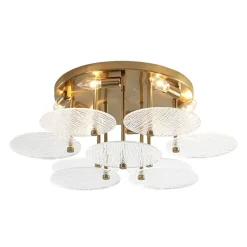 Bloom Brass 6-Light Tiered Rippled Glass Round Semi Flush Mount