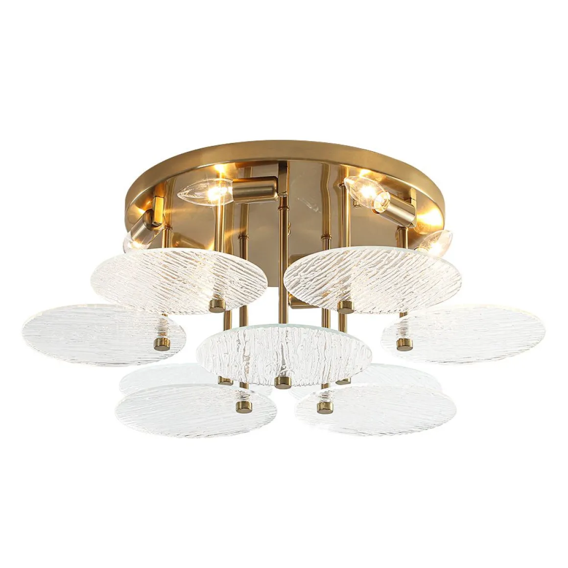 Bloom Brass 6-Light Tiered Rippled Glass Round Semi Flush Mount