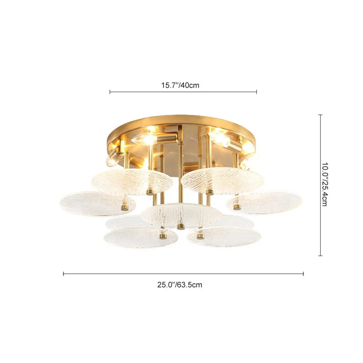 Bloom Brass 6-Light Tiered Rippled Glass Round Semi Flush Mount